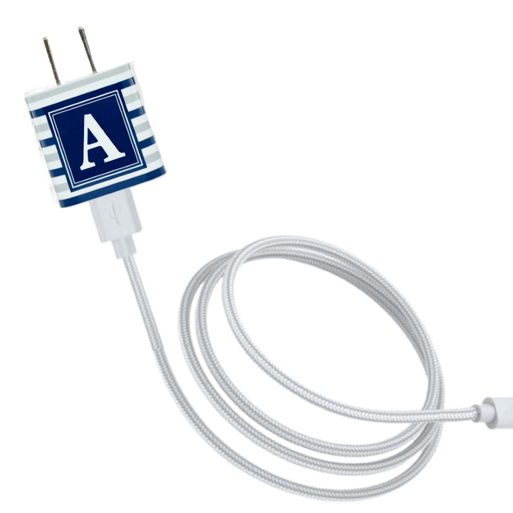 Navy Silver Stripe Monogram Dual Charger & Cable Gift Set